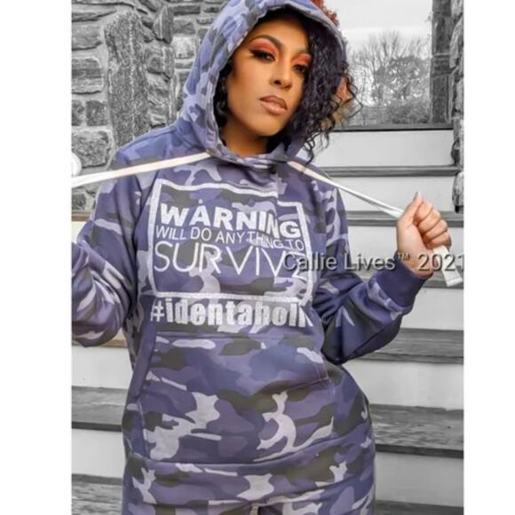 Large Callie Lives Miz Survivor Navy Camo Warning Hooded Sweatshirt blue fleece - Picture 1 of 11